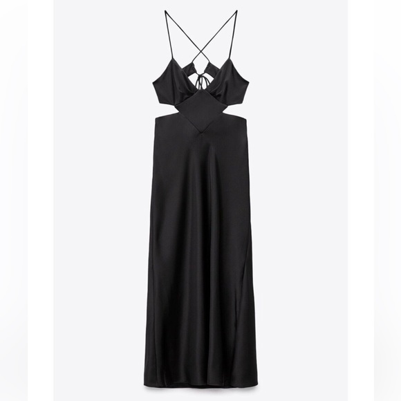 NWT. Zara Black Satin Effect Cut-Out Midi Dress - Picture 4 of 5